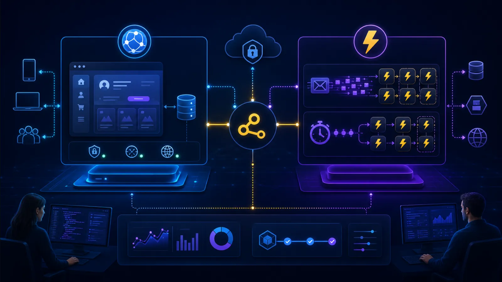 Split cloud visual showing web app and serverless functions