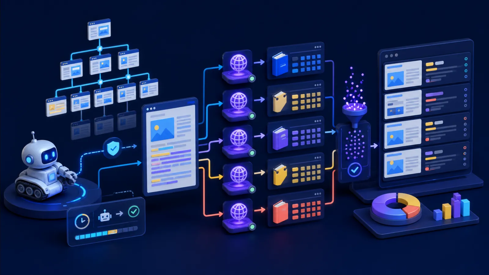 Website pages flowing through an AI quality-check pipeline