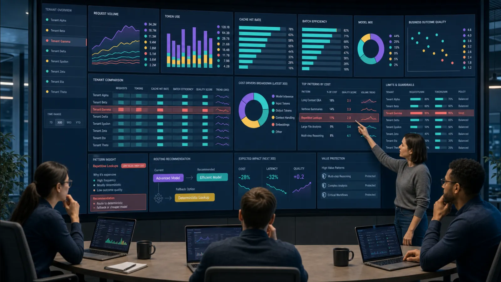 SaaS dashboard attributing AI cost to tenants, features and completed workflows