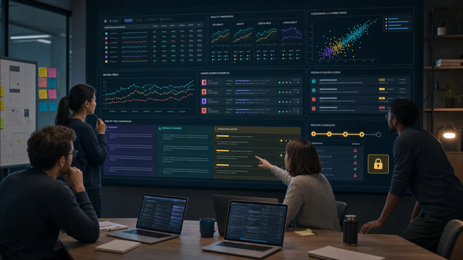 Quality dashboard separating correctness, safety, latency and business outcomes