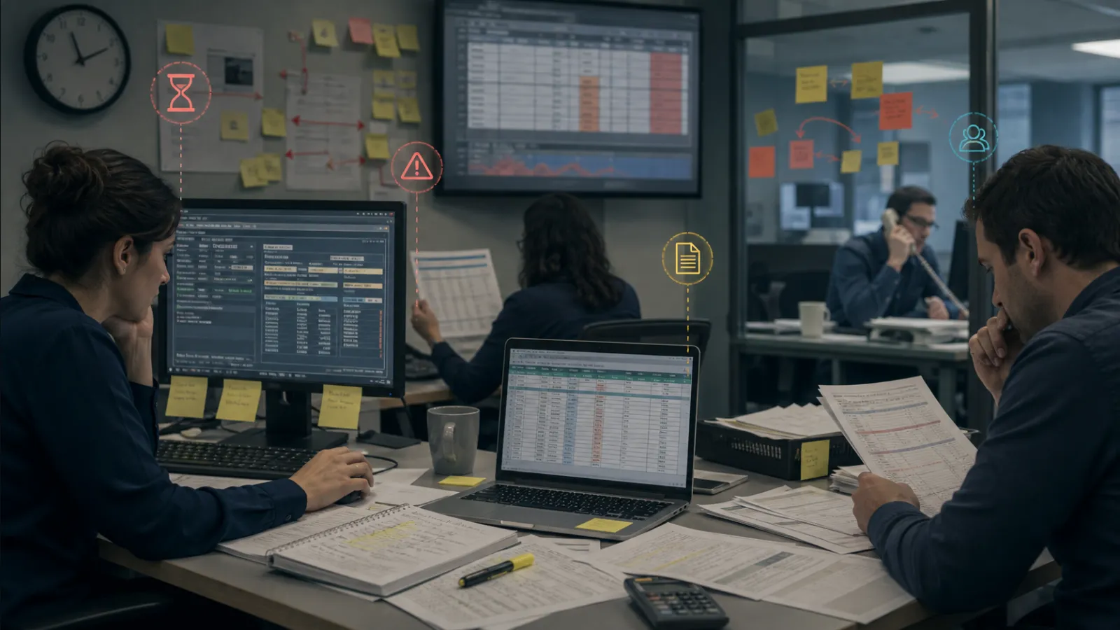 Staff navigating manual workarounds around an outdated internal business system